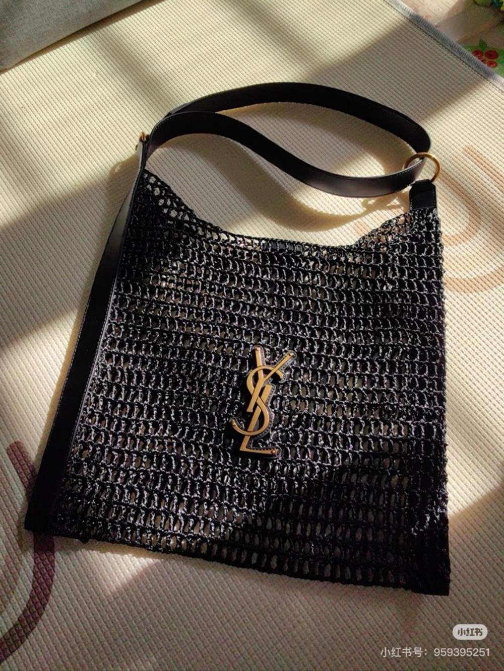 Yves Saint Laurent Black Crochet Shoulder Bag with Gold Logo